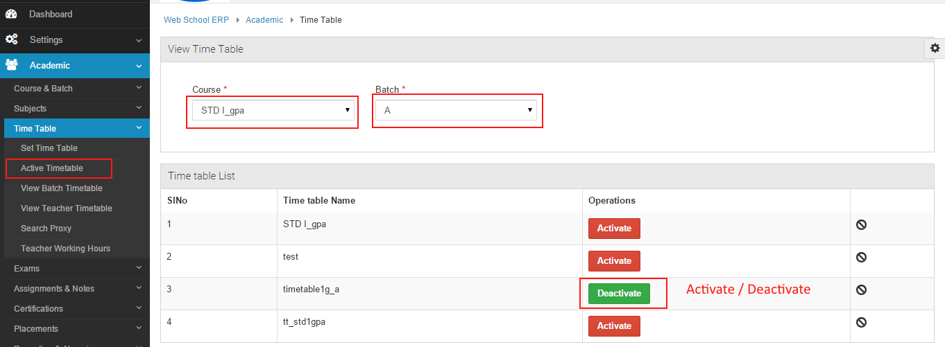 Timetable Account Database Status WEB-SCHOOL ERP V3.0